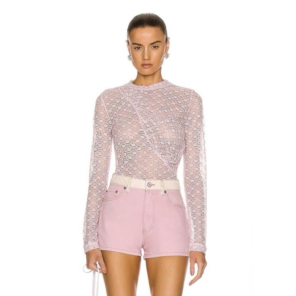 Ganni Sheer Floral Lace top powder pink asymmetric ruched  mock neck Sz. M NWOT